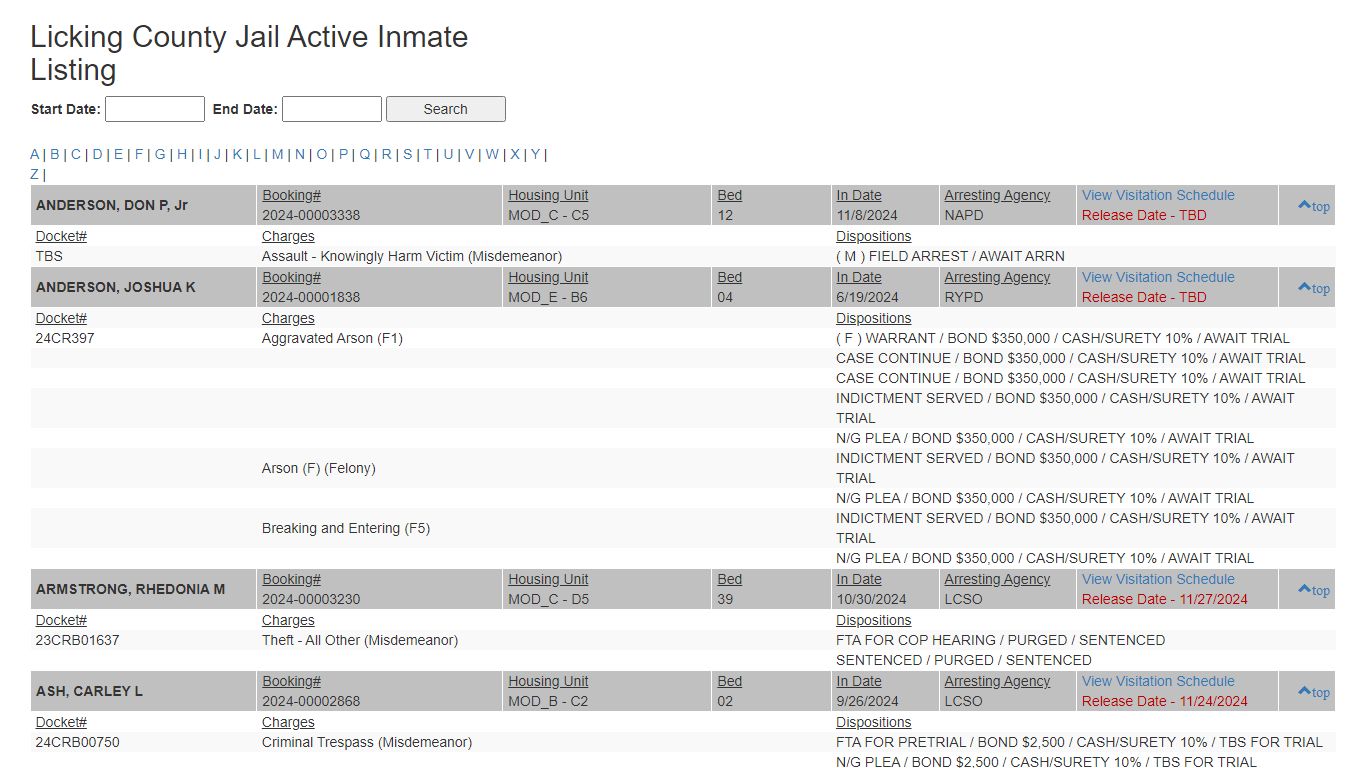 Licking County Jail Active Inmate Listing